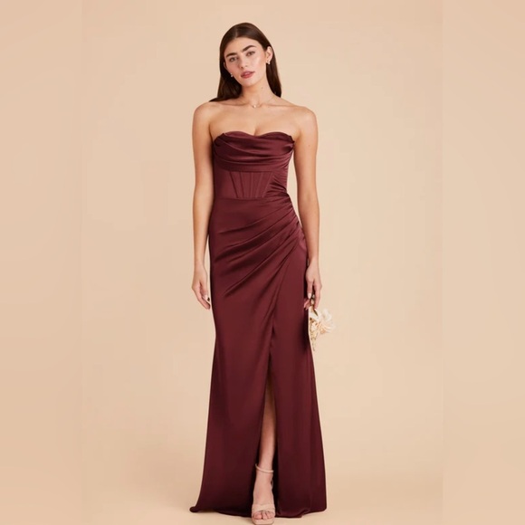 Birdy Grey Cabernet Matte Satin Ruched Strapless Gown With Boning - Picture 3 of 10